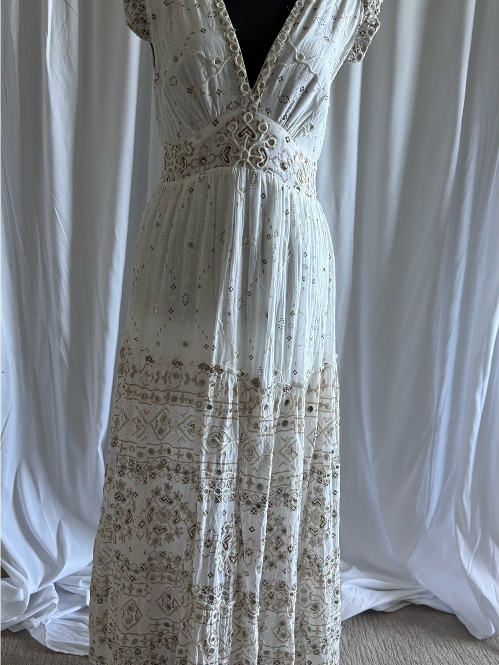Ivory Embroidered V-Neck Maxi Dress with Neutral Accents Mirror